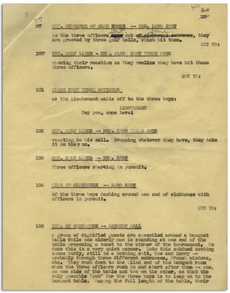 Moe Howard's Partial Script for The Three Stooges 1935 Film ''Three Little Beers'' -- Four Pages of Script With Annotations in Moe's Hand -- Closed Tear & Chipping to First Page, Else Very Good